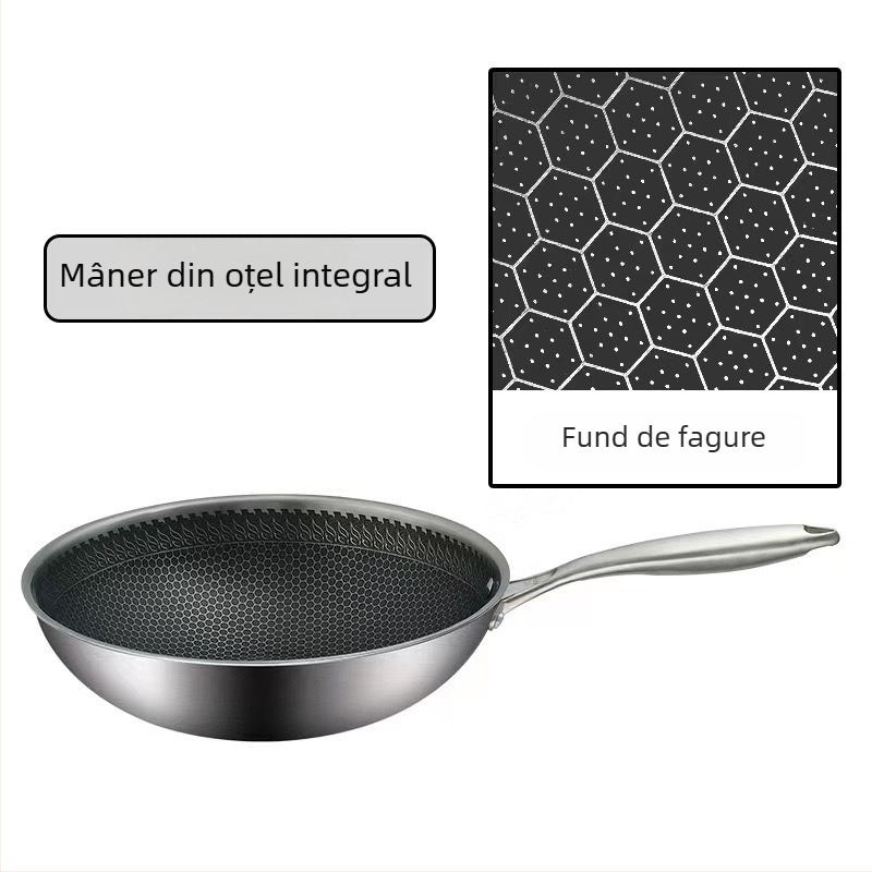 Wok din oțel inoxidabil gros cu fund fagure, antiaderent, compatibil cu inducția, multifuncțional