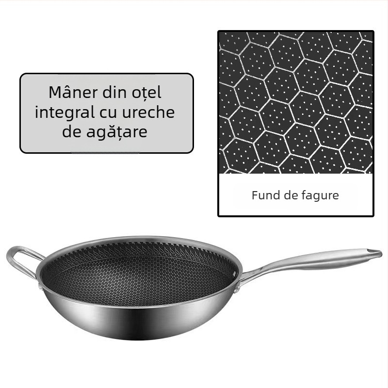 Wok din oțel inoxidabil gros cu fund fagure, antiaderent, compatibil cu inducția, multifuncțional