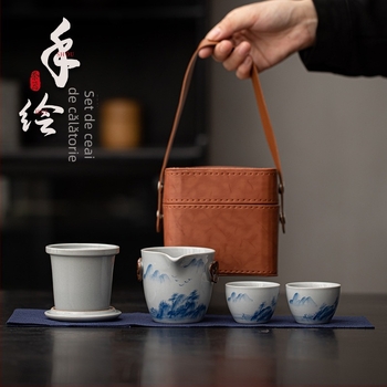 Set de ceai ceramic pentru călătorii, în stil chinezesc nou, pictat manual, pentru camping în aer liber și mașină — un ceainic și două cești, portabil