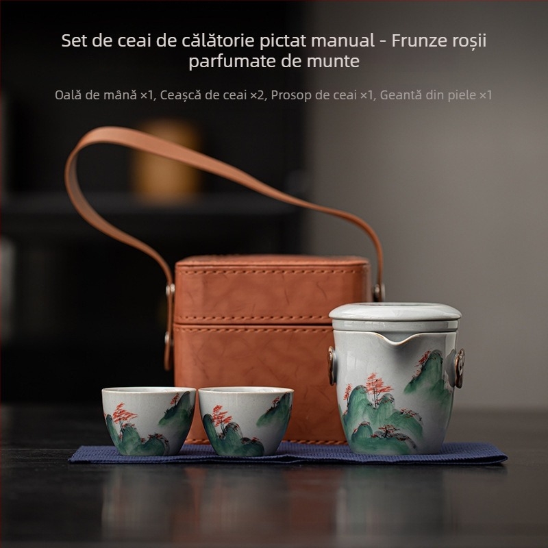 Set de ceai ceramic pentru călătorii, în stil chinezesc nou, pictat manual, pentru camping în aer liber și mașină — un ceainic și două cești, portabil