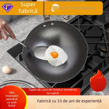 Wok din oțel inoxidabil forjat, 32 cm, potrivit pentru plită cu gaz și plită cu inducție, antiaderent, capacitate mare, rezistent la ruginire