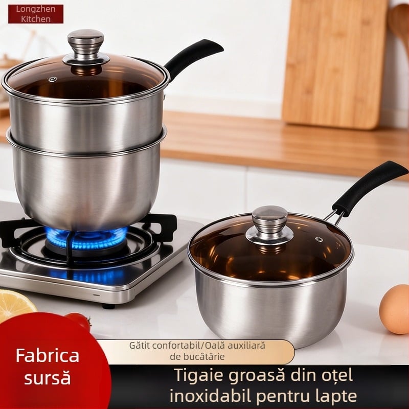 Oală de lapte din oțel inoxidabil, 18 cm, fund gros, capac din sticlă, compatibilă cu plita cu inducție, oală mică pentru lapte