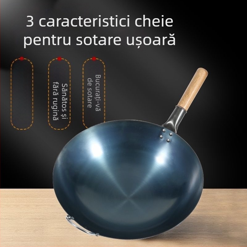 Wok din fontă tradițional, cu fund plat, fără strat de acoperire, pentru uz casnic și profesional