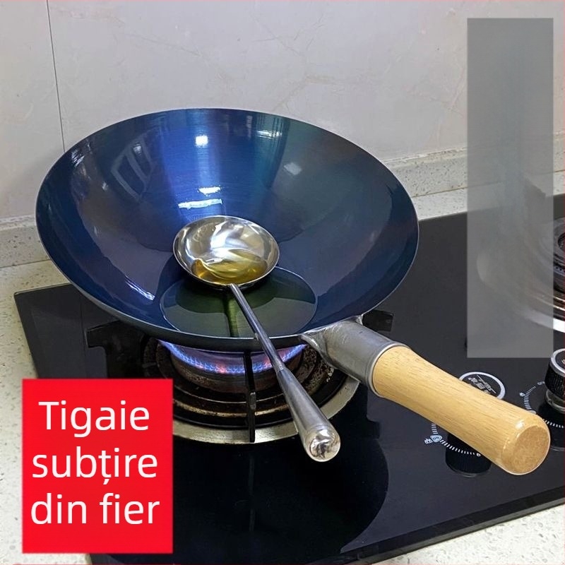 Wok din fontă tradițional, cu fund plat, fără strat de acoperire, pentru uz casnic și profesional