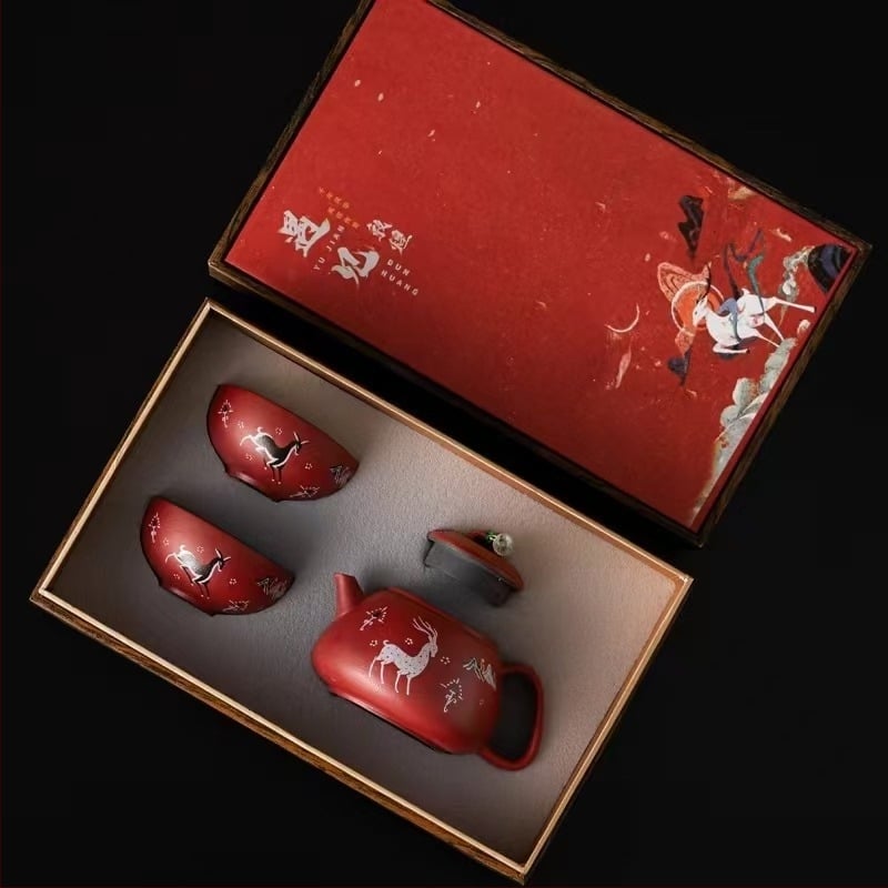 Set ceai Dunhuang cultural și creativ, cu motiv de cerb, 1 ceainic și 2 cești în cutie cadou