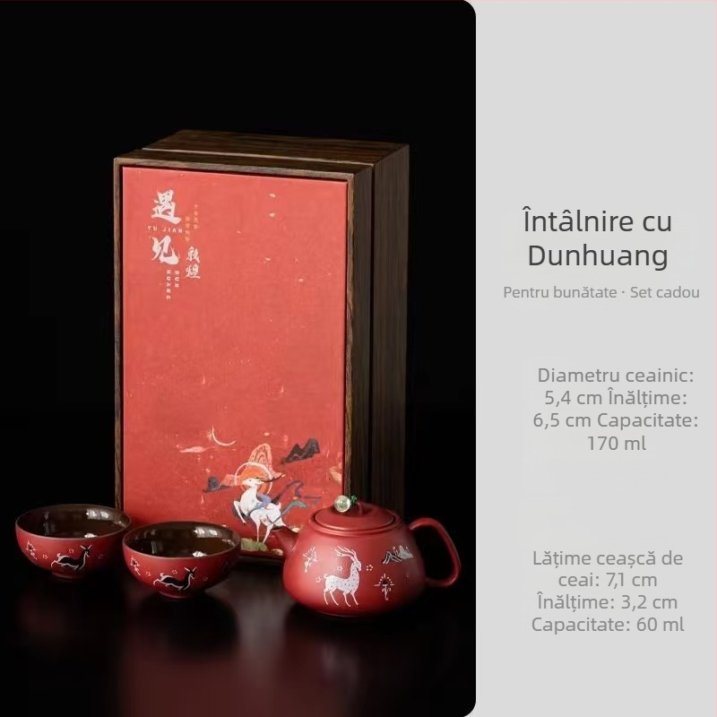 Set ceai Dunhuang cultural și creativ, cu motiv de cerb, 1 ceainic și 2 cești în cutie cadou