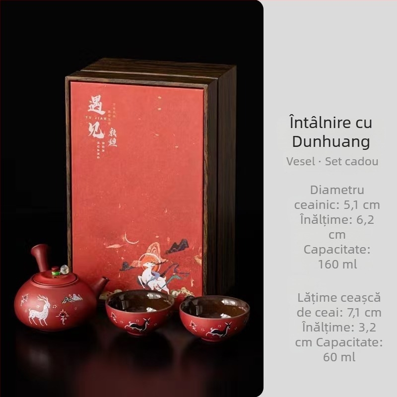 Set ceai Dunhuang cultural și creativ, cu motiv de cerb, 1 ceainic și 2 cești în cutie cadou