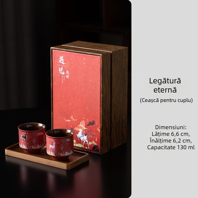 Set ceai Dunhuang cultural și creativ, cu motiv de cerb, 1 ceainic și 2 cești în cutie cadou
