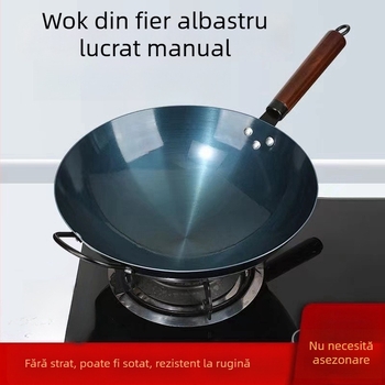 Wok din fier, stil chinezesc tradițional, netencuit, antiaderent, compatibil cu aragaz cu gaz, utilizare casnică