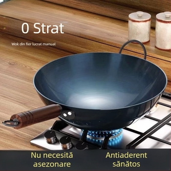 Wok din fier, stil chinezesc tradițional, netencuit, antiaderent, compatibil cu aragaz cu gaz, utilizare casnică