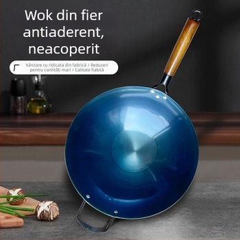 Wok din fontă netencuit, cu două mânere, fund rotund, pentru aragaz cu gaz, uz casnic