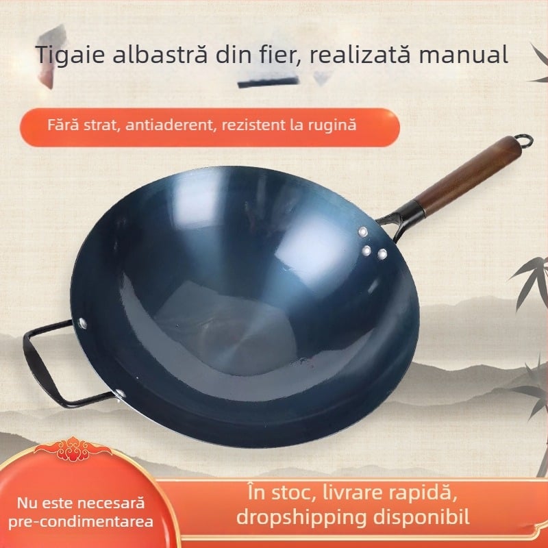 Wok din fontă netencuit, cu două mânere, fund rotund, pentru aragaz cu gaz, uz casnic