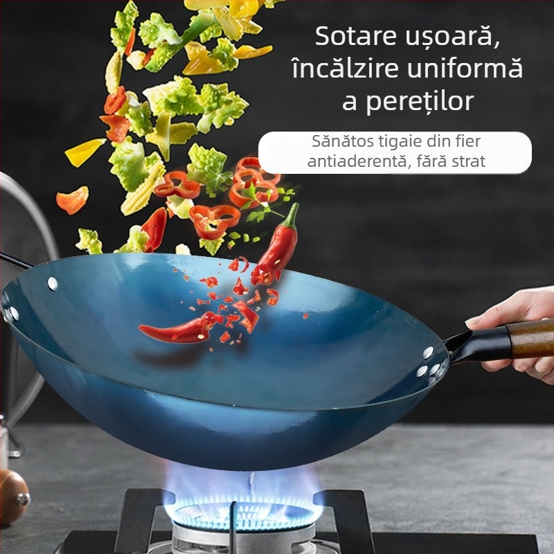 Wok din fontă netencuit, cu două mânere, fund rotund, pentru aragaz cu gaz, uz casnic