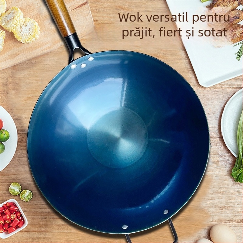 Wok din fontă netencuit, cu două mânere, fund rotund, pentru aragaz cu gaz, uz casnic