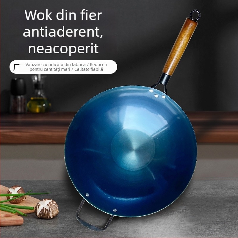 Wok din fontă netencuit, cu două mânere, fund rotund, pentru aragaz cu gaz, uz casnic