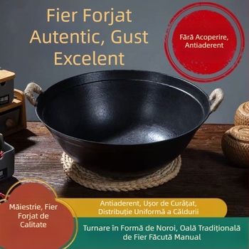 Oală din fontă cu două mâneri, clasică, fund rotund îngroșat, oală adâncǎ pentru gătit, tigaie, capacitate mare, fără strat, antiaderent pentru uz casnic.