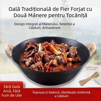 Oală din fontă cu două mâneri, clasică, fund rotund îngroșat, oală adâncǎ pentru gătit, tigaie, capacitate mare, fără strat, antiaderent pentru uz casnic.