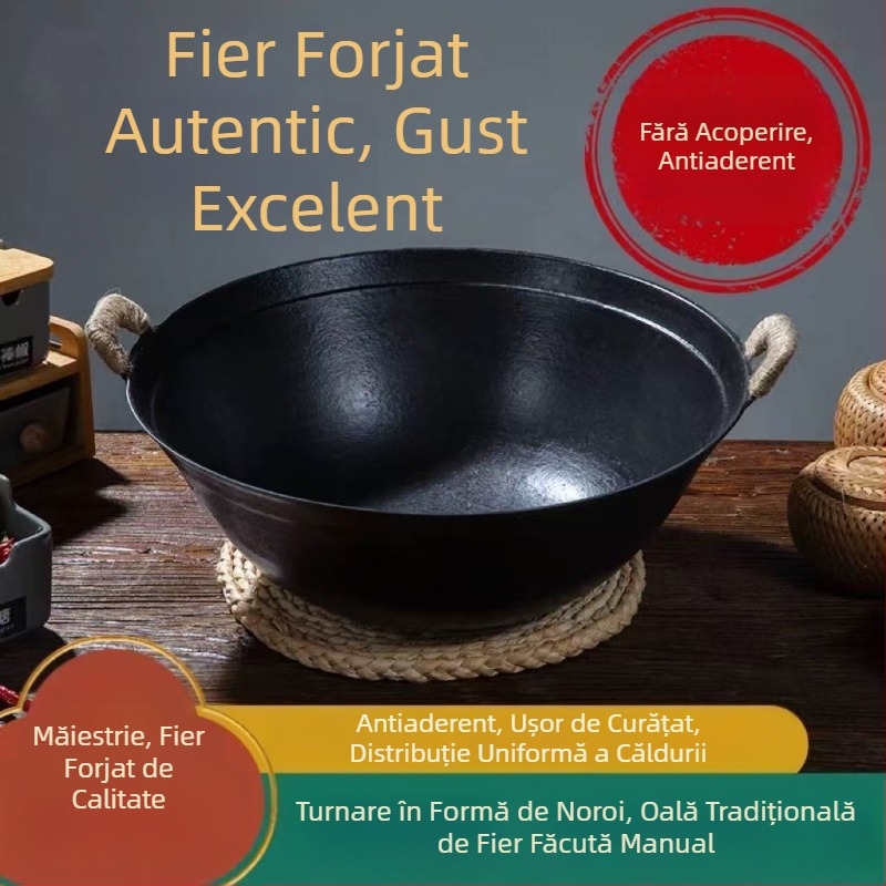 Oală din fontă cu două mâneri, clasică, fund rotund îngroșat, oală adâncǎ pentru gătit, tigaie, capacitate mare, fără strat, antiaderent pentru uz casnic.