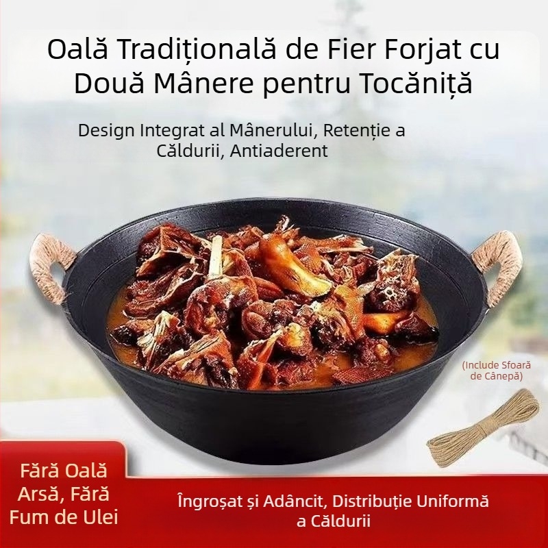 Oală din fontă cu două mâneri, clasică, fund rotund îngroșat, oală adâncǎ pentru gătit, tigaie, capacitate mare, fără strat, antiaderent pentru uz casnic.