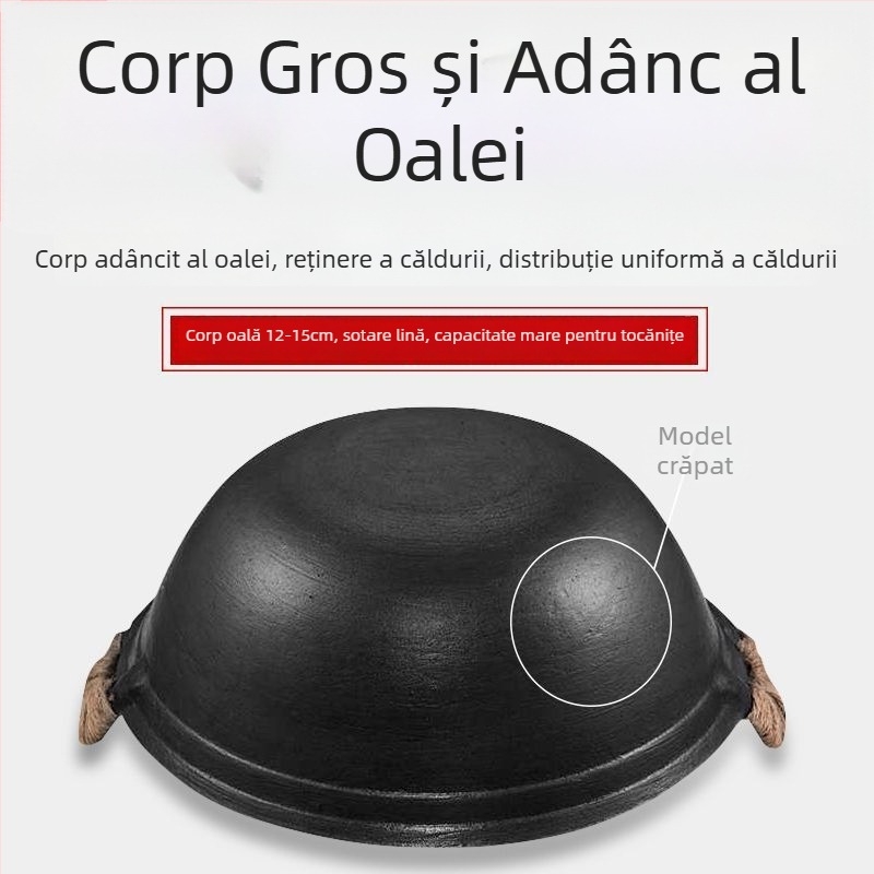Oală din fontă cu două mâneri, clasică, fund rotund îngroșat, oală adâncǎ pentru gătit, tigaie, capacitate mare, fără strat, antiaderent pentru uz casnic.