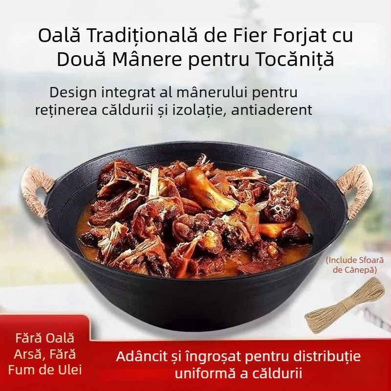 Oală din fontă cu două mâneri, clasică, fund rotund îngroșat, oală adâncǎ pentru gătit, tigaie, capacitate mare, fără strat, antiaderent pentru uz casnic.
