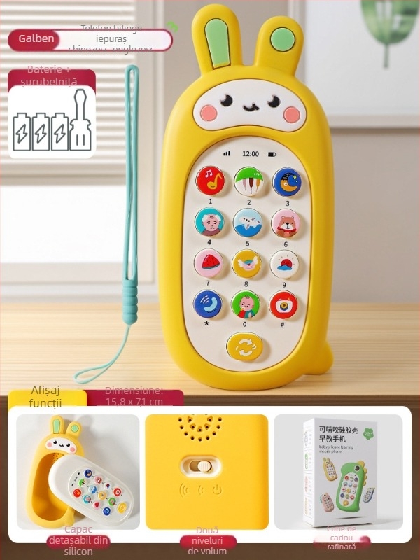 Vibrant Bear Telefon Educațional pentru copii – jucărie telefon moale din cauciuc, în formă de iepure, muzicală și interactivă pentru sugari (0–3 ani)