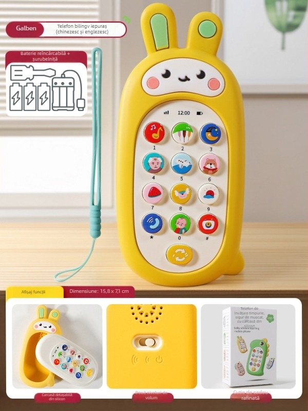 Vibrant Bear Telefon Educațional pentru copii – jucărie telefon moale din cauciuc, în formă de iepure, muzicală și interactivă pentru sugari (0–3 ani)