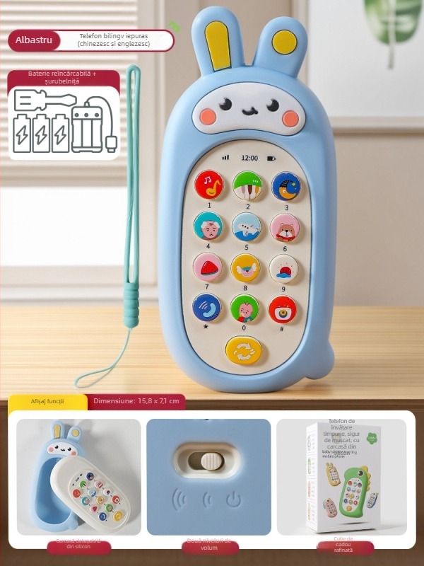 Vibrant Bear Telefon Educațional pentru copii – jucărie telefon moale din cauciuc, în formă de iepure, muzicală și interactivă pentru sugari (0–3 ani)