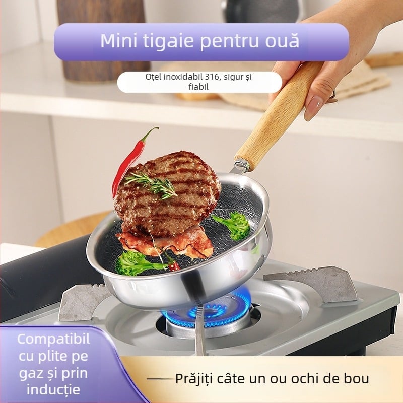 316L oțel inoxidabil cu trei straturi, tigaie mini cu strat antiaderent și fund cu model honeycomb, potrivită pentru steak, ouă și prăjire