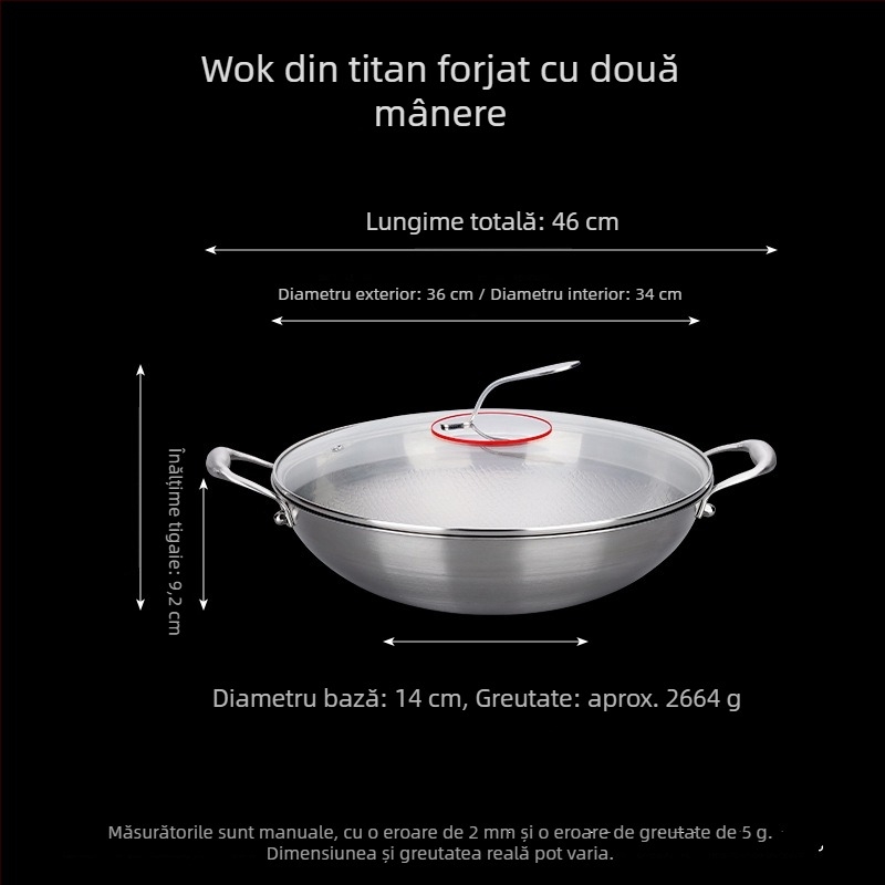 Wok din aliaj de titan, textură ciocănită, fără strat, diametrul 36 cm