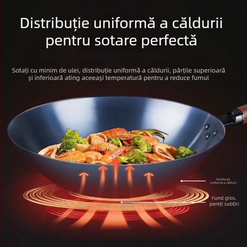 Wok din fier forjat pentru gătit, potrivit pentru uz casnic și comercial, compatibil cu aragaz pe gaz, capac din oțel inoxidabil cu vizor de sticlă
