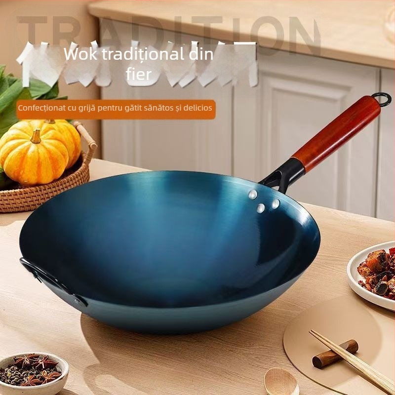 Wok din fier forjat pentru gătit, potrivit pentru uz casnic și comercial, compatibil cu aragaz pe gaz, capac din oțel inoxidabil cu vizor de sticlă