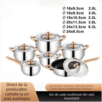 Set de veselă din oțel inoxidabil cu bază cu trei straturi, oală pentru lapte în formă de tambur, oală groasă pentru supă, tigaie cu mâner auriu, set durabil de bucătărie într-o cutie cadou