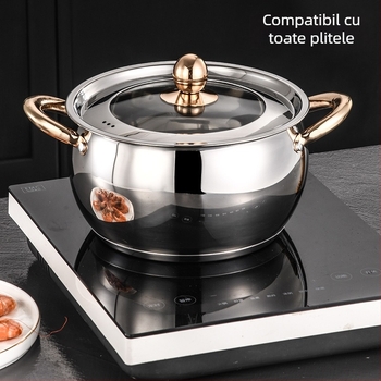 Set de veselă din oțel inoxidabil cu bază cu trei straturi, oală pentru lapte în formă de tambur, oală groasă pentru supă, tigaie cu mâner auriu, set durabil de bucătărie într-o cutie cadou