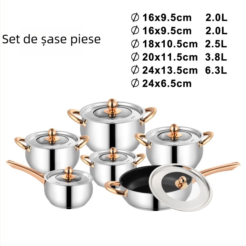 Set de veselă din oțel inoxidabil cu bază cu trei straturi, oală pentru lapte în formă de tambur, oală groasă pentru supă, tigaie cu mâner auriu, set durabil de bucătărie într-o cutie cadou