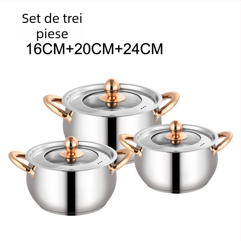 Set de veselă din oțel inoxidabil cu bază cu trei straturi, oală pentru lapte în formă de tambur, oală groasă pentru supă, tigaie cu mâner auriu, set durabil de bucătărie într-o cutie cadou