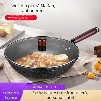 Wok din fontă cu fund plat și mâner din lemn, strat antiaderent Maifan stone, compatibil cu plitele cu inducție