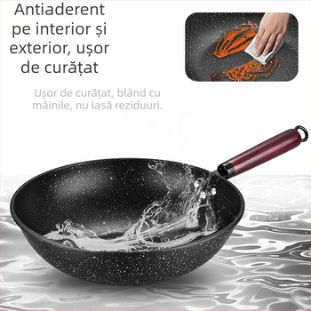 Wok din fontă cu fund plat și mâner din lemn, strat antiaderent Maifan stone, compatibil cu plitele cu inducție
