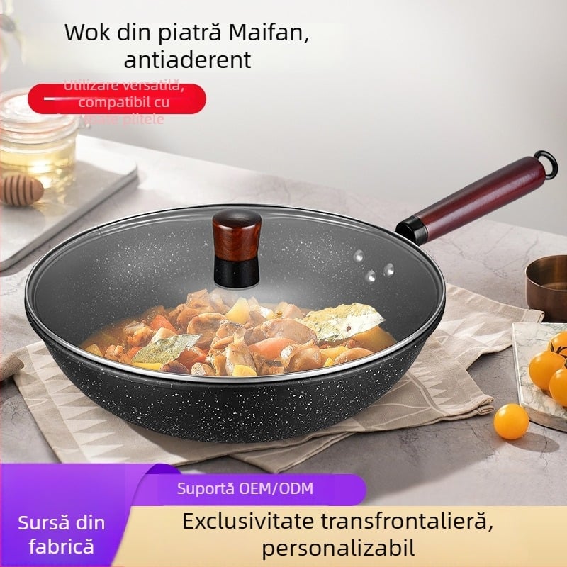 Wok din fontă cu fund plat și mâner din lemn, strat antiaderent Maifan stone, compatibil cu plitele cu inducție
