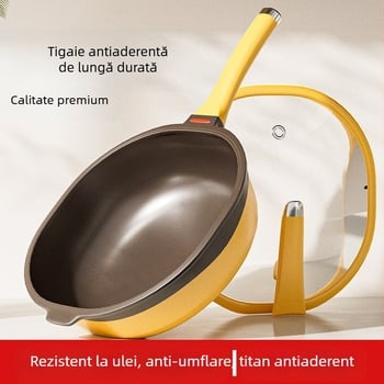 Tigaie adâncă din titan, pătrată, cu strat antiaderent bi-color, fără ulei, fără fum, tigaie plată pentru uz casnic, finisaj titan pietră turnată
