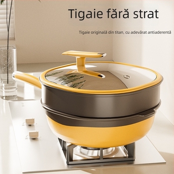 Tigaie adâncă din titan, pătrată, cu strat antiaderent bi-color, fără ulei, fără fum, tigaie plată pentru uz casnic, finisaj titan pietră turnată
