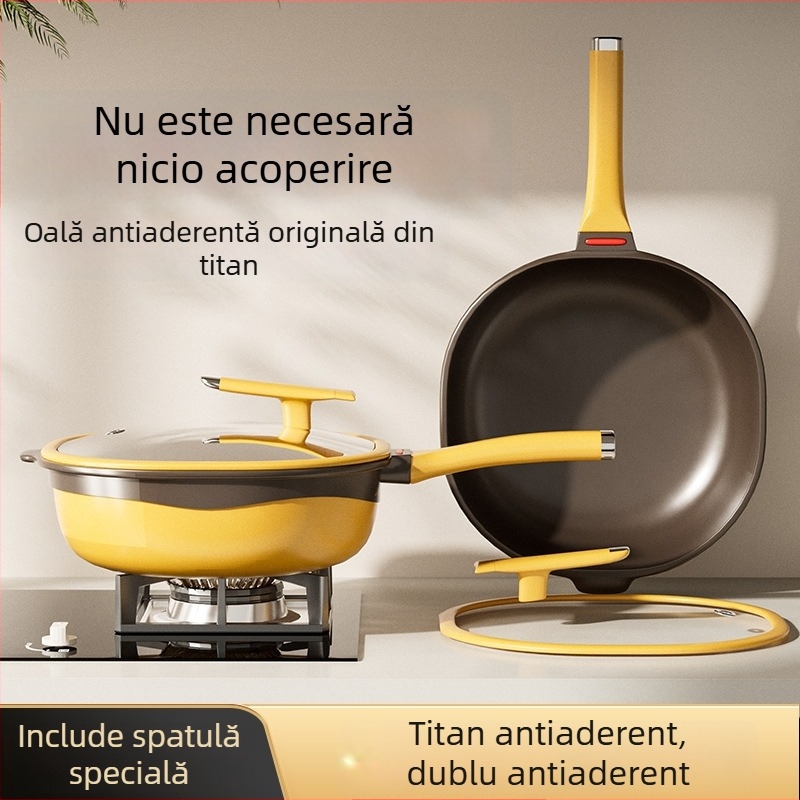 Tigaie adâncă din titan, pătrată, cu strat antiaderent bi-color, fără ulei, fără fum, tigaie plată pentru uz casnic, finisaj titan pietră turnată