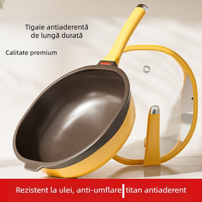 Tigaie adâncă din titan, pătrată, cu strat antiaderent bi-color, fără ulei, fără fum, tigaie plată pentru uz casnic, finisaj titan pietră turnată