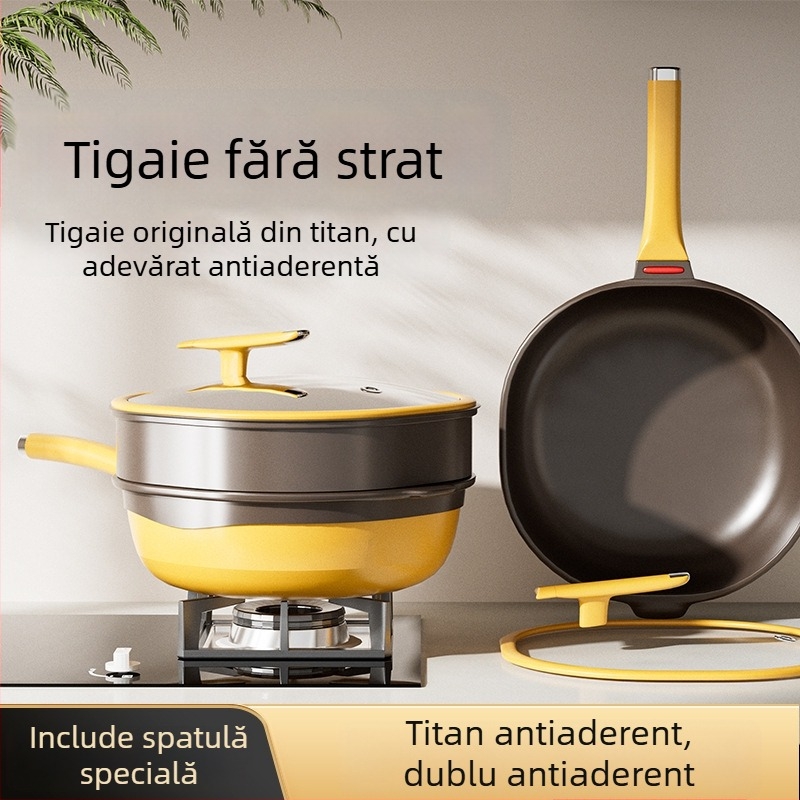 Tigaie adâncă din titan, pătrată, cu strat antiaderent bi-color, fără ulei, fără fum, tigaie plată pentru uz casnic, finisaj titan pietră turnată