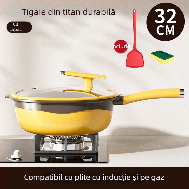 Tigaie adâncă din titan, pătrată, cu strat antiaderent bi-color, fără ulei, fără fum, tigaie plată pentru uz casnic, finisaj titan pietră turnată