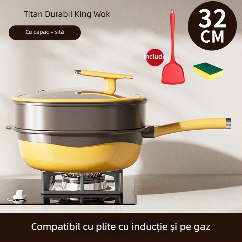 Tigaie adâncă din titan, pătrată, cu strat antiaderent bi-color, fără ulei, fără fum, tigaie plată pentru uz casnic, finisaj titan pietră turnată