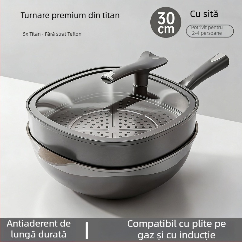 Tigaie adâncă din titan, pătrată, cu strat antiaderent bi-color, fără ulei, fără fum, tigaie plată pentru uz casnic, finisaj titan pietră turnată
