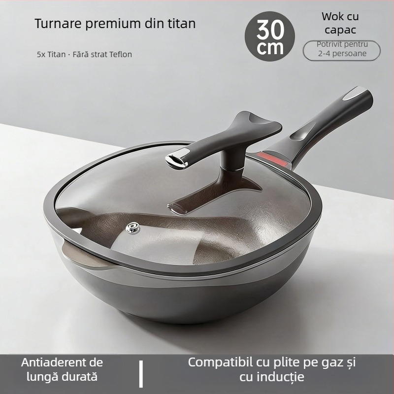 Tigaie adâncă din titan, pătrată, cu strat antiaderent bi-color, fără ulei, fără fum, tigaie plată pentru uz casnic, finisaj titan pietră turnată