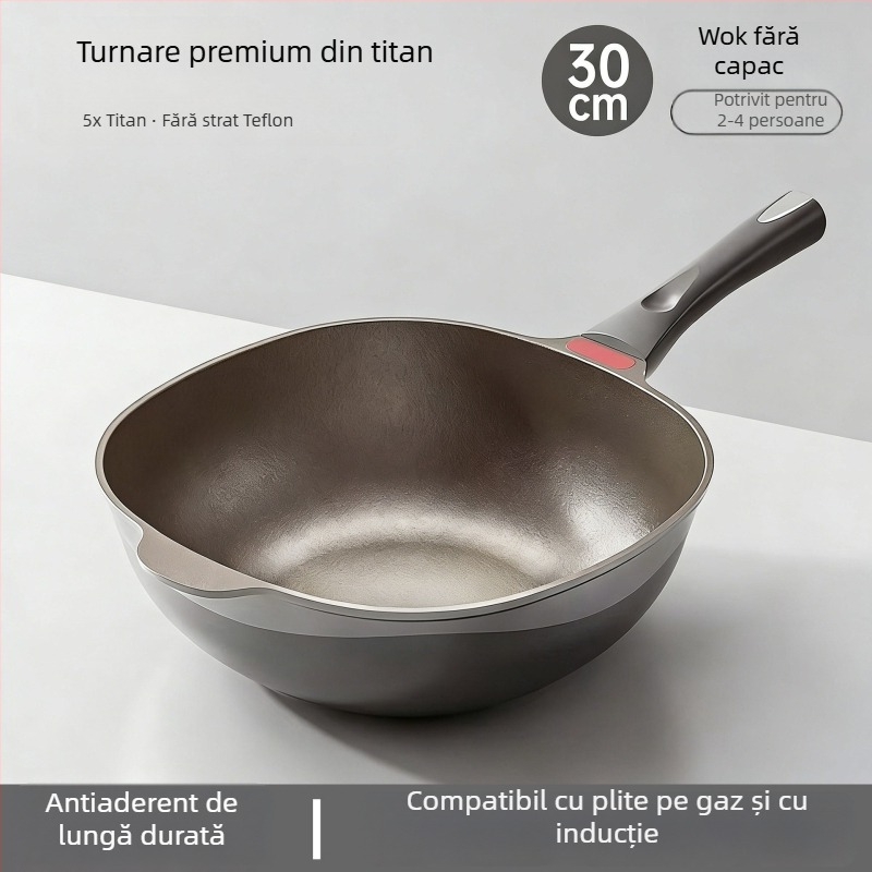 Tigaie adâncă din titan, pătrată, cu strat antiaderent bi-color, fără ulei, fără fum, tigaie plată pentru uz casnic, finisaj titan pietră turnată