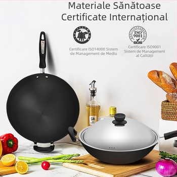 Wok cu anodizare tare, ultra-ușor, antiaderent, capac din oțel inoxidabil, diametru 32 cm